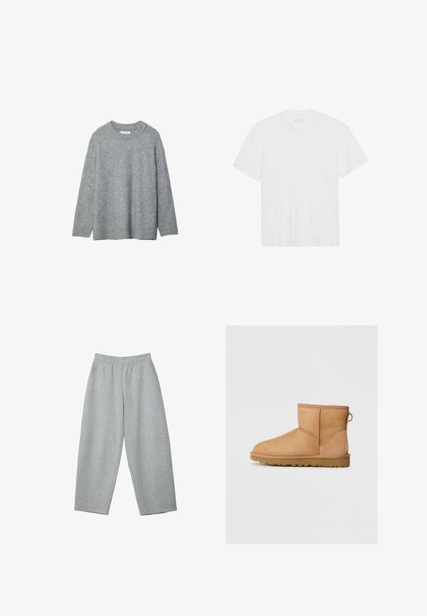Šedý pletený sveter s okrúhlym výstrihom, spustenými ramenami a rebrovanými manžetami. Mäkká textúra a voľný strih. Bez vzorov alebo akcentov.; Biela bavlnená tričko s krátkymi rukávmi, klasickým výstrihom a rovnými okrajmi. Hladká textúra, minimalistický dizajn bez vzorov alebo akcentov.; Svetlošedé tepláky s elastickým pásom, širokým strihom a jemnou textúrou, vhodné na každodenné nosenie alebo oddych.; Svetlohnedé semišové členkové topánky s okrúhlou špičkou, prešívaním, pútkom na zadnej strane a textúrovanou gumovou podrážkou. Navrhnuté pre pohodlie a teplo.