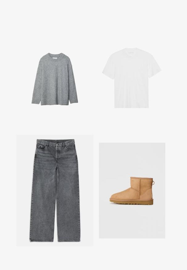 Harmaa neulottu villapaita pyöreällä kauluksella, pudotetuilla olkapäillä ja ribbaustaskuilla. Pehmeä rakenne ja löysä malli. Ei kuvioita tai koristeluja.; Valkoinen puuvillainen t-paita lyhyillä hihoilla, pyöreällä kaula-aukolla ja suoralla helmalla. Tasainen pinta, minimalistiinen muotoilu ilman kuvioita tai korostuksia.; Laivahousut tummanharmaasta denimestä. Ominaisuuksina korkea vyötärö, viisi taskua ja etupainon sulku. Sujuva pinta hienovaraisella haalistumisella.; Ruskean mokkasandaalit pyöreällä kärjellä, ommelluilla yksityiskohdilla, takana vetotappi ja teksturoidulla kumipohjalla. Suunniteltu mukavuutta ja lämpöä varten.