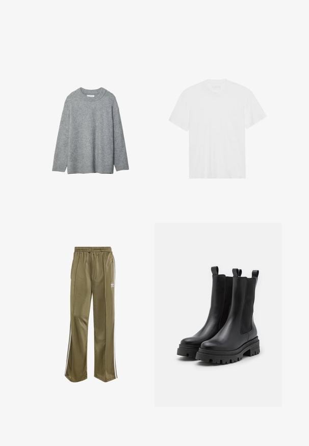 Šedý pletený sveter s okrúhlym výstrihom, spustenými ramenami a rebrovanými manžetami. Mäkká textúra a voľný strih. Bez vzorov alebo akcentov.; Biela bavlnená tričko s krátkymi rukávmi, klasickým výstrihom a rovnými okrajmi. Hladká textúra, minimalistický dizajn bez vzorov alebo akcentov.; adidas Originals FIREBIRD LOOSE TRACK - Tepláky - olive strata; Čierne kožené členkové topánky s elastickými bočnými panelmi a ťahacími pútkami. Hrubé gumové podrážky s hlbokými dezénmi pre zvýšenú trakciu.