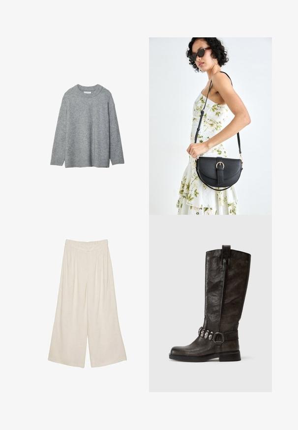 Grauer gestrickter Pullover mit Rundhalsausschnitt, herunterhängenden Schultern und gerippten Bündchen. Weiche Textur und lockere Passform. Keine Muster oder Akzente.; Hellgraues T-Shirt mit kurzen Ärmeln und V-Ausschnitt, aus weichem Material gefertigt; verfügt über eine lockere Passform und saubere Nähte ohne Muster.; Leinen-Hose mit weitem Bein in einem hellbeigen Farbton, ausgestattet mit einem plissierten Design und einem elastischen Bund für Komfort und angenehmen Tragekomfort.; Tamaris Cowboy-/Bikerboot - cigar; Schwarze Lederhandtasche mit geschwungener Form, abnehmbarem Tragegurt und goldenen Beschlägen. Die Tasche verfügt über einen Deckel mit einer Schnallen-Details.