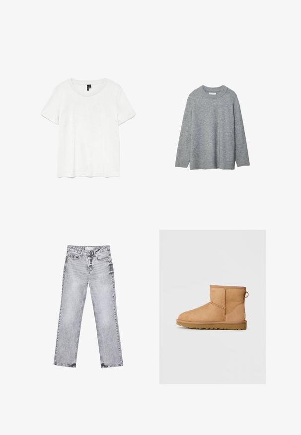 Szary, dzianinowy sweter z okrągłym dekoltem, opadającymi ramionami i ściągaczami. Miękka faktura i luźny krój. Brak wzorów lub akcentów.; Biała koszulka z krótkim rękawem i okrągłym dekoltem, wykonana z lekkiego materiału. Prosty design, gładka tekstura i prosty dół.; Szare dżinsy o prostym kroju nogawki, z przetarciami, pięcioma kieszeniami i miedzianymi nitami. Pasek w talii posiada metkę z logo.; Beżowe zamszowe botki za kostkę z okrągłym noskiem, przeszyciami, z pętelką z tyłu i teksturowaną gumową podeszwą. Zaprojektowane z myślą o komforcie i ciepłocie.