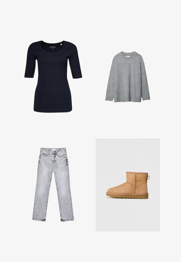 Grauer gestrickter Pullover mit Rundhalsausschnitt, herunterhängenden Schultern und gerippten Bündchen. Weiche Textur und lockere Passform. Keine Muster oder Akzente.; Navyblaue Baumwoll-T-Shirt mit rundem Halsausschnitt und Dreiviertelärmeln, mit figurbetontem Schnitt und minimalen Nähdetails.; Graue Jeans aus Denim mit geradem Bein, mit Used-Effekten, fünf Taschen und kupferfarbenen Nieten. Der Bund verfügt über ein Logoshirt.; Hellbraune Wildleder-Stiefeletten mit runder Zehenpartie, genähten Details, Ziehschlaufe an der Rückseite und einer strukturierten Gummisohle. Entwickelt für Komfort und Wärme.