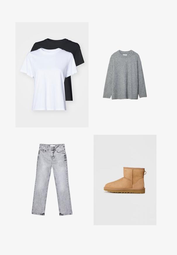 Grijze gebreide trui met een ronde hals, verlaagde schouders en geribbelde boorden. Zachte textuur en een losse pasvorm. Geen patronen of accenten.; Twee t-shirts met korte mouwen in zwart en wit, gemaakt van glad katoen, met een klassieke ronde halslijn en een reguliere pasvorm.; Grijze denim jeans met een rechte pijp, versleten details, vijf zakken en koperen klinknagels. De tailleband is voorzien van een logo-label.; Tan suède enkellaars met ronde neus, gestikte details, trekhaak aan de achterkant en een gestructureerde rubberen zool. Ontworpen voor comfort en warmte.