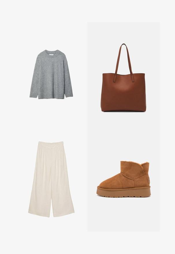 Gray knitted sweater with a round neckline, dropped shoulders, and ribbed cuffs. Soft texture and loose-fit design. No patterns or accents.; Linen wide-leg pants in a light beige color with a pleated design and an elastic waistband for comfort and ease of wear.; Brown suede ankle boot with a soft fur lining, rounded toe, and thick, textured rubber sole. Features stitched seams and a branded tag.; Brown leather tote bag with a smooth texture, open top design, and two shoulder straps. Features minimal stitching and no visible hardware.