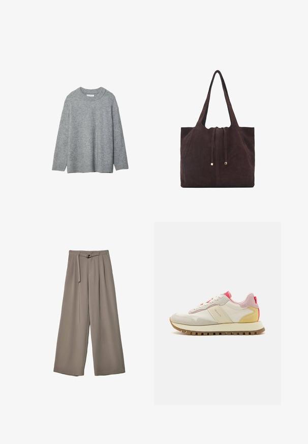 Siv krožnikast pulover z okroglo izreznico, spuščeni rameni in rebrastimi rokavi. Mehka tekstura in ohlapen kroj. Brez vzorcev ali akcentov.; Široke hlače iz mehke, umirjene sive tkanine, z pasom, ki ga je mogoče zavezati, in z gubami za dodatne oblikovne podrobnosti. Gladka tekstura, brez vzorcev.; Tenis z zgornjim delom iz kremnega usnja, rožnatimi semiš detajli in rumenim petnim delom, z gumijastim podplatom in belimi vezalkami.; Mango Torba za nakupovanje - dark brown