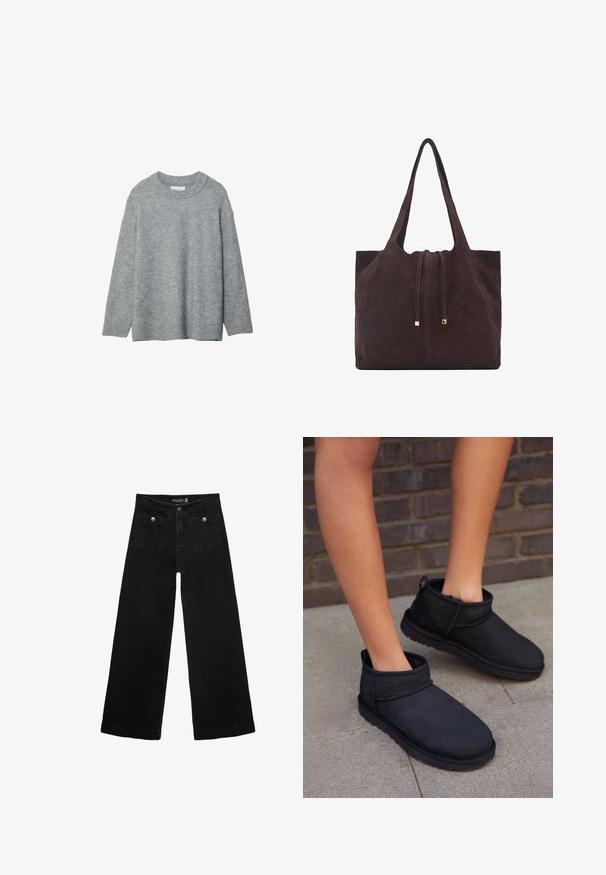 Šedý pletený svetr s kulatým výstřihem, spadlými rameny a žebrovanými manžetami. Měkká textura a volný střih. Bez vzorů nebo akcentů.; Černé široké džíny s vysokým pasem, obsahující dvě přední kapsy a kovové knoflíkové detaily. Látka má hladkou texturu.; Černé kotníkové boty vyrobené z nubuku s měkkou vnitřní podšívkou. Mají zaoblenou špičku a plochou, texturovanou podrážku.; Mango Velká kabelka - dark brown