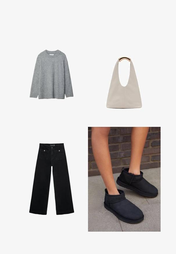 Sivi pleteni pulover s okruglim izrezom, spuštenim ramenima i rebrastim manžetama. Mekana tekstura i širok kroj. Bez uzoraka ili naglašavanja.; Crne široke traperice s visokim strukom, koje imaju dva prednja džepa i metalne gumbe kao ukrase. Tkanina ima glatku teksturu.; Crne gležnjače od antilopa s mekanim unutarnjim oblogom. Imaju okrugli vrh i ravni, teksturirani potplat.; Svijetlosivi kožni torba s oblikom u slovo U i zakrivljenim metalnim drškom. Glatka tekstura s minimalnim šavovima i bez vidljivih uzoraka.