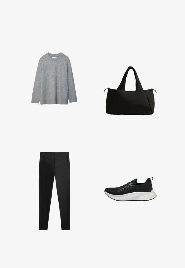 Szary, dzianinowy sweter z okrągłym dekoltem, opadającymi ramionami i ściągaczami. Miękka faktura i luźny krój. Brak wzorów lub akcentów.; Czarne legginsy sportowe o gładkiej fakturze, z szerokim pasem w talii i ukośnym wzorem tekstury w okolicy pasa, który dodaje szczegółów projektowych.; Czarne sportowe buty z teksturowanym cholewką, białą amortyzowaną podeszwą i subtelnym brandingiem. Posiadają pętelkę i sznurowadła.; Czarna torba typu tote o puszystej fakturze, z dwoma krótkimi uchwytami i boczną kieszenią zabezpieczoną sznurkiem. Prosta, kątowa konstrukcja.