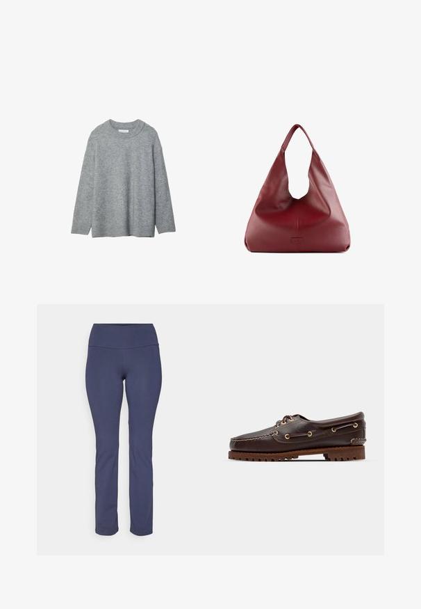 Siv krožnikast pulover z okroglo izreznico, spuščeni rameni in rebrastimi rokavi. Mehka tekstura in ohlapen kroj. Brez vzorcev ali akcentov.; Temno modri legingi iz raztegljive tkanine z visokim pasom, ki imajo gladko teksturo in ravno obliko hlačnic.; Rjave usnjene čolnarske čevlje z zlatimi očesi, okroglicami in teksturiranim rjavim gumijastim podplatom. Ima šivano podrobno obdelavo in dvignjen logotip.; Rdeča usnjena hobo torba s široko, mehko obliko in velikim odprtjem, ki vsebuje subtilno teksturo in logotip vtisnjen na sprednji strani.