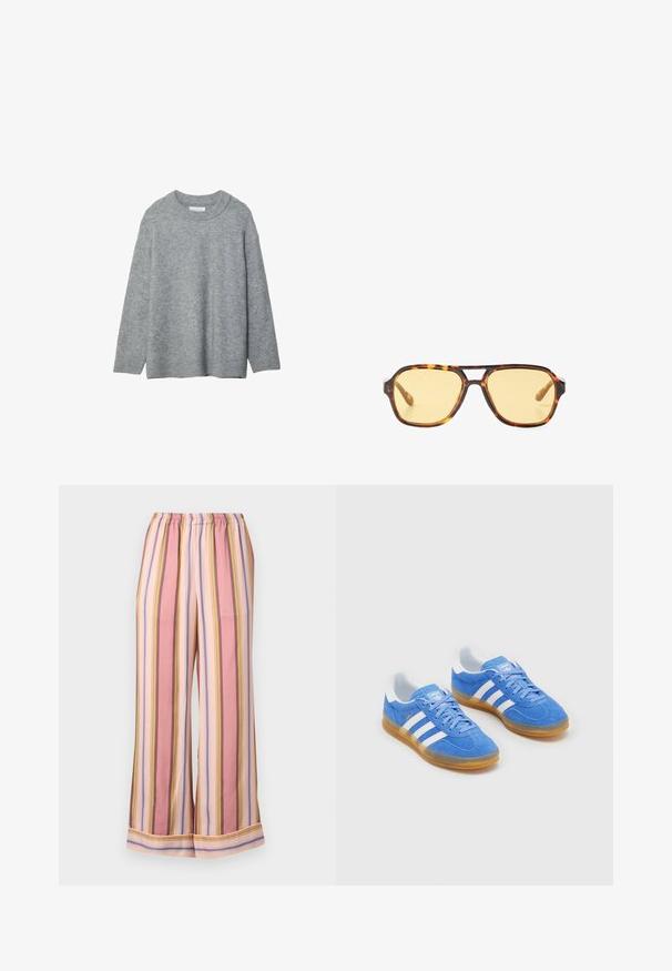 Šedý pletený svetr s kulatým výstřihem, spadlými rameny a žebrovanými manžetami. Měkká textura a volný střih. Bez vzorů nebo akcentů.; Páskové pyžamové kalhoty s elastickým pasem, širokými nohavicemi a střídavými pruhy v růžové, levandulové a žluté barvě s hladkou texturou.; Modré semišové sportovní boty s bílými pruhovanými akcenty, gumovou podrážkou a polstrovaným límcem pro pohodlí. Obsahují klasický design na šněrování.; Sluneční brýle s želvovinovým vzorem, geometrickým designem, žlutými skly a kovovými akcenty na stranách. Široký rám a matný povrch.