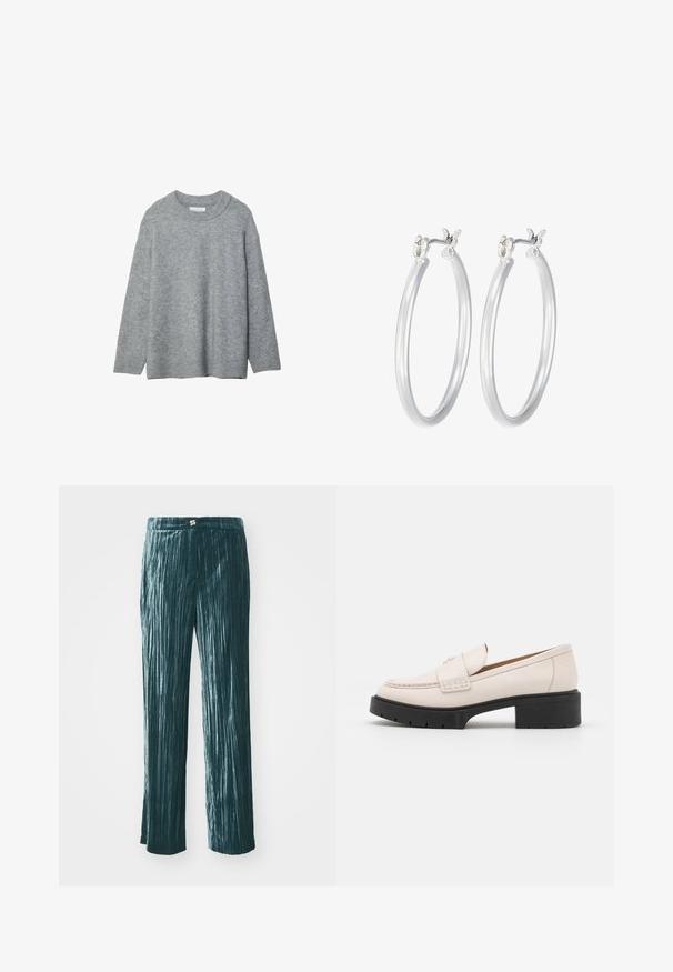 Šedý pletený sveter s okrúhlym výstrihom, spustenými ramenami a rebrovanými manžetami. Mäkká textúra a voľný strih. Bez vzorov alebo akcentov.; Tyrkysové plisované nohavice s širokým strihom, vyrobené z lesklého materiálu, s vertikálnymi prúžkami pre textúru a pásom s malým kovovým akcentom.; Svetlo béžové kožené mokasíny s prešitým predom a textúrovaným čiernym platformovým podpätkom. Vlastnosti zahŕňajú zakrivený dizajn a mierne zvýšenie.; Strieborné kruhové náušnice s hladkým, lesklým povrchom. Kolový tvar a bezpečné klikanie na uzatváranie. Ľahký dizajn vhodný na každodenné nosenie.