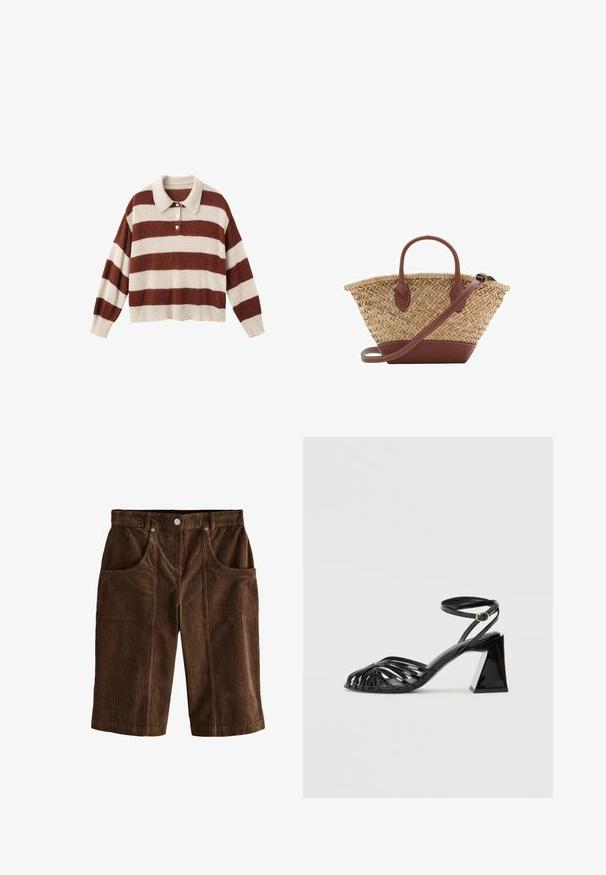 Pull en tricot avec un col cranté et des rayures horizontales crème et rouille. Texture douce avec une coupe courte décontractée et une patte de boutonnage.; Shorts en velours côtelé marron présentant un motif rayé vertical texturé, deux poches avant et une fermeture à bouton à la taille.; Sandale à talon noir avec un design à lanières, finition laquée brillante, bout ouvert et un talon bloc géométrique. Accentuée par une sangle à boucle.; Sac en osier tissé avec des accents en cuir marron, deux poignées et une bandoulière détachable. Forme courbée avec une base robuste.