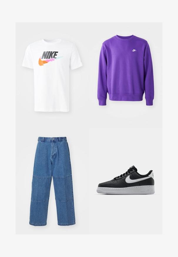 Violetinė Nike džemperis su klasikiniu apvaliu kaklu, raukšlėtais rankogaliais ir iškirpte, ant krūtinės esantis mažas baltas logotipas. Minkšta, tekstūruota medžiaga.; Balta medvilninė marškinėliai su dideliu juodu ir daugiaspalviu Nike logotipu, trumpomis rankovėmis ir klasikiniu apvaliu kaklu.; Šviesiai mėlyni džinsai su laisvu siluetu, turintys du skirtingus audinio skyrius, priekinę mygtukų užsegimą ir plačias kelnes.; Juoda odinė sportinė avalynė su tekstūruota danga, balta Nike swoosh, pilkas padas, apvalus nosis ir raištelių užsegimas. Yra perforacijos ant nosies.