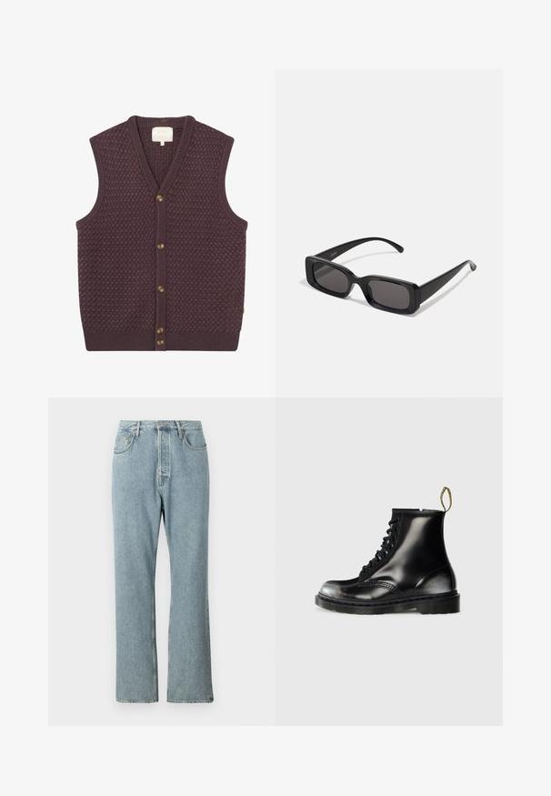 Temno vijolični pleteni brezrokavnik z teksturiranim vzorcem, v-vratom in petimi rjavimi gumbi spredaj. Ribo meje na robu in armarnicah.; Bela majica s kratkimi rokavi iz bombaža, z okroglo ovratnikom in sproščenim krojem ter ravnim robom. Brez vzorcev ali okrasnih elementov.; Svijetloplave traperice sa visokim strukom, širokim ravnim nogavicama i jednostavnim šavovima. Imaju pet džepova i klasično kopčanje na dugme.; Črne usnjene gležnjarje s sijajno površino, osem luknjicami, črnimi vezalkami in zanko za pomoč pri obuvanju. Imajo teksturiran podplat z globokim profilom.; Črne pravokotne sončna očala z temnimi lečami, sijajna površina, široka ročaja in masiven okvir. Vgravirano ime blagovne znamke na eni ročaji.