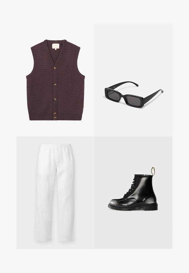 Vest tricotat de culoare purpurie închisă, cu un model texturat, de tip v-neck și cinci nasturi maro pe față. Margini ribate la tiv și la gurița mânecilor.; Tricou alb cu mânecă scurtă, confecționat din bumbac, având un decolteu rotund și o croială lejeră cu tiv drept. Fără modele sau broderii.; Pantaloni albi din in, cu talie elastică, croială dreaptă și textură moale, fără modele vizibile sau detalii metalice.; Botine negre din piele cu un finisaj lucios, cu opt găuri pentru șireturi, șireturi negre și o bandă de tragere. Au un talpă texturată cu model.; Ochelari de soare negri, cu ramă rectangulară, lentile întunecate, finisaj lucios, brațe late și un design masiv. Numele mărcii gravat pe una dintre brațe.