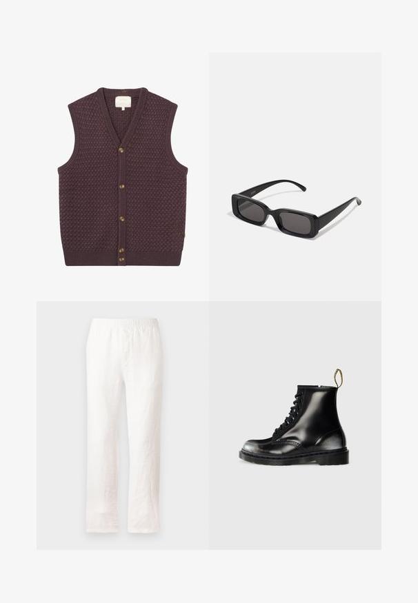 Dunkellila gestrickte Weste mit einem strukturierten Muster, V-Ausschnitt und fünf braunen Knöpfen auf der Vorderseite. Gerippte Ränder am Saum und an den Armlöchern.; Weißes T-Shirt mit kurzen Ärmeln aus Baumwolle, das über einen Rundhalsausschnitt und einen lockeren Schnitt mit geradem Saum verfügt. Keine Muster oder Verzierungen.; Weiße Leinenhose mit elastischem Bund, geradem Bein und leicht strukturiertem Stoff. Keine Muster oder zusätzlichen Details.; Schwarze Leder-Ankle-Boots mit glanzfinish, acht Ösen, schwarzen Schnürsenkeln und einer Zuglasche. Mit einer strukturierten, profilierten Sohle.; Schwarze rechteckige Sonnenbrille mit dunklen Gläsern, glänzender Oberfläche, breiten Bügeln und einem klobigen Rahmen-Design. Gravierter Markenname auf einem Bügel.