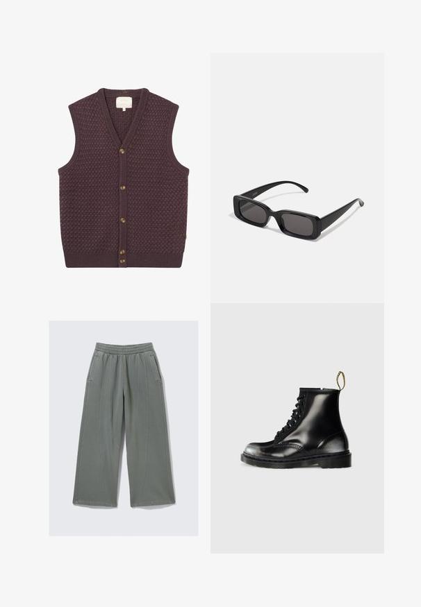 Gilet tricoté violet foncé avec un motif texturé, en V, et cinq boutons marron à l'avant. Bords côtelés à l'ourlet et aux emmanchures.; T-shirt blanc à manches courtes en coton, avec un col rond et une coupe décontractée àOurlet droit. Sans motifs ni embellissements.; Pantalons larges gris clair en tissu doux, avec une taille élastique et deux poches latérales, présentant des détails de coutures visibles.; Bottines noires en cuir avec une finition brillante, huit œillets, lacets noirs et une languette. Elles possèdent une semelle texturée à profil cranté.; Lunettes de soleil noires rectangulaires avec des verres foncés, finition brillante, larges branches et un design de monture épaisse. Nom de marque gravé sur une branche.
