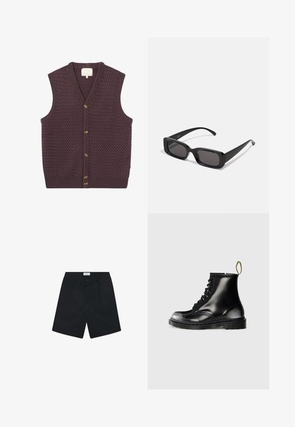 Temno vijolični pleteni brezrokavnik z teksturiranim vzorcem, v-vratom in petimi rjavimi gumbi spredaj. Ribo meje na robu in armarnicah.; Bela majica s kratkimi rokavi iz bombaža, z okroglo ovratnikom in sproščenim krojem ter ravnim robom. Brez vzorcev ali okrasnih elementov.; Črne hlače iz tkanine z gladko teksturo. Vključujejo gumbasto zapiranje, dva sprednja nabora in standardni pas.; Črne usnjene gležnjarje s sijajno površino, osem luknjicami, črnimi vezalkami in zanko za pomoč pri obuvanju. Imajo teksturiran podplat z globokim profilom.; Črne pravokotne sončna očala z temnimi lečami, sijajna površina, široka ročaja in masiven okvir. Vgravirano ime blagovne znamke na eni ročaji.