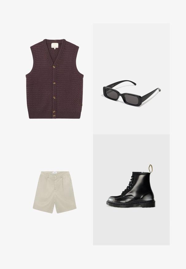 Donkerpaarse gebreide vest met een getextureerd patroon, v-hals en vijf bruine knopen aan de voorkant. Ribbelrand aan de onderkant en rond de armsgaten.; Witte t-shirt met korte mouwen van katoen, met een ronde hals en een relaxte fit met rechte zoom. Geen patronen of versieringen.; Beige op maat gemaakte shorts met een vlakke voorkant, twee zijzakken en een enkele knoopsluiting. Gemaakt van een lichtgewicht, gladde stof.; Zwarte leren enkellaarzen met een glanzende afwerking, acht veterogen, zwarte veters en een trekloop. Voorzien van een getextureerde, gedetailleerde zool.; Zwarte rechthoekige zonnebril met donkere lenzen, glanzende afwerking, brede pootjes en een robuust frameontwerp. Gegraveerde merknaam op één van de pootjes.