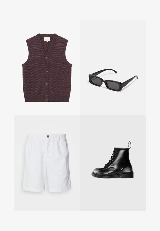 Tamno ljubičasti pleteni prsluk s teksturiranim uzorkom, v-izrezom i pet smeškastih dugmadi sprijeda. Rebrasti rubovi na donjem dijelu i na rupama za ruke.; Bijela majica kratkih rukava od pamuka, s okruglim izrezom i opuštenim krojem sa ravnim rubom. Bez uzoraka ili ukrasa.; Bijele lanene kratke hlače s elastičnom pasicom i metalnim gumbom. Imaju dva bočna džepa i dizajn opuštenog kroja.; Crne kožne gležnjače s sjajnom završnom obradom, osam rupa za vezanje, crne vezice i petlja za lakše obuvanje. Imaju teksturiranu potplate s uzorkom.; Crne pravokutne sunčane naočale s tamnim lećama, sjajnim završetkom, širokim drškama i masivnim okvirom. Ugraviran naziv branda na jednoj dršci.