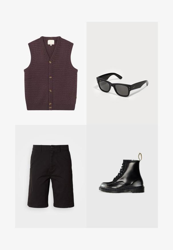 Ciemnofioletowa dziana kamizelka z teksturowym wzorem, dekoltem w kształcie v oraz pięcioma brązowymi guzikami z przodu. Żebrowane wykończenie u dołu i na pachach.; Biała krótka koszulka z krótkim rękawem, wykonana z bawełny, z okrągłym dekoltem i luźnym fasonem oraz prostym dołem. Bez wzorów ani ozdób.; Czarne szorty z lekkiego materiału, z guzikiem z przodu, szlufkami na pasek, kieszeniami po bokach oraz prostym krojem z podwiniętymi brzegami.; Czarne skórzane botki za kostkę o błyszczącej powierzchni, z ośmioma otworami na sznurówki, czarnymi sznurowadłami i pętelką do zakładania. Posiadają teksturowaną, kauczukową podeszwę.; Czarne okulary przeciwsłoneczne o kwadratowej oprawie, z ciemnymi soczewkami. Udekorowane drobnymi złotymi kropkami oraz złotym logo na zauszniku. Gładka faktura.