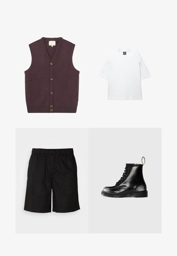 Ciemnofioletowa dziana kamizelka z teksturowym wzorem, dekoltem w kształcie v oraz pięcioma brązowymi guzikami z przodu. Żebrowane wykończenie u dołu i na pachach.; Biała krótka koszulka z krótkim rękawem, wykonana z bawełny, z okrągłym dekoltem i luźnym fasonem oraz prostym dołem. Bez wzorów ani ozdób.; Czarne szorty z elastycznym pasem i zapięciem na guzik. Posiadają dwie duże boczne kieszenie z teksturowanej tkaniny. Luźny krój.; Czarne skórzane botki za kostkę o błyszczącej powierzchni, z ośmioma otworami na sznurówki, czarnymi sznurowadłami i pętelką do zakładania. Posiadają teksturowaną, kauczukową podeszwę.