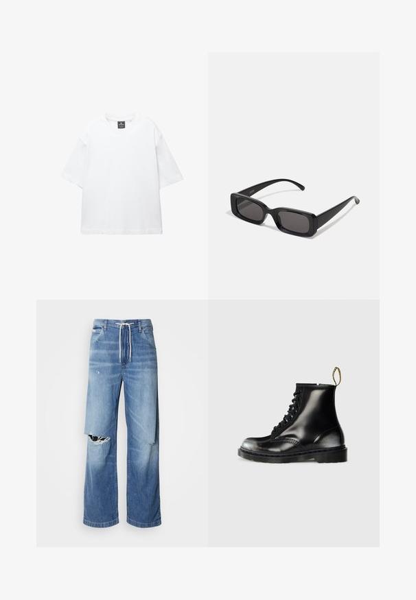 Dark purple knitted vest featuring a textured pattern, v-neck, and five brown buttons down the front. Ribbed edges at hem and armholes.; White short-sleeve t-shirt made of cotton, featuring a round neckline and relaxed fit with straight hem. No patterns or embellishments.; Light blue denim jeans with a loose fit, featuring a white drawstring waist, and distinct rips on the front, showing frayed edges.; Black leather ankle boots with a shiny finish, eight eyelets, black laces, and a pull tab. Features a textured treaded sole.; Black rectangular sunglasses with dark lenses, glossy finish, wide arms, and a chunky frame design. Engraved brand name on one arm.