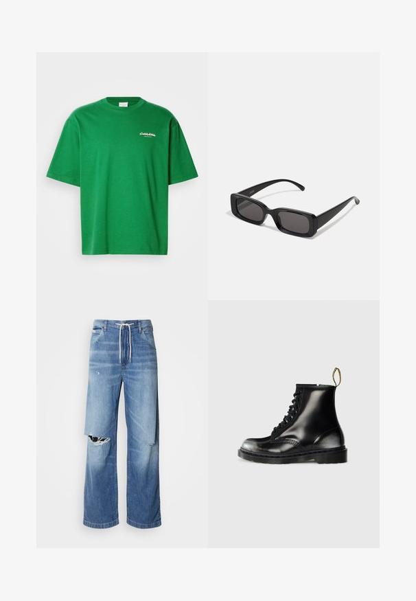 Temno vijolični pleteni brezrokavnik z teksturiranim vzorcem, v-vratom in petimi rjavimi gumbi spredaj. Ribo meje na robu in armarnicah.; Zelena bombažna majica s sproščenim krojem, kratkimi rokavi in ovratnikom v obliko dekolete. Na sprednji strani ima majhen bel logo.; Svetlo modri kavbojke z ohlapnim krojem, z belim vrvico na pasu in izrazitimi raztrganinami spredaj, ki kažejo na odrgnjene robove.; Črne usnjene gležnjarje s sijajno površino, osem luknjicami, črnimi vezalkami in zanko za pomoč pri obuvanju. Imajo teksturiran podplat z globokim profilom.; Črne pravokotne sončna očala z temnimi lečami, sijajna površina, široka ročaja in masiven okvir. Vgravirano ime blagovne znamke na eni ročaji.