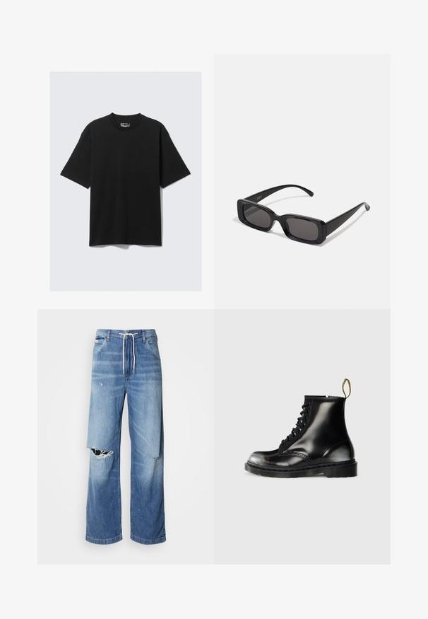 Sötét lila kötött mellény, texturált mintázattal, V nyakkivágással és öt barna gombbal az elején. Bordás szegélyek az alján és a karöltőkön.; Fekete, rövid ujjú pamut póló, kerek nyakkivágással. Lazább szabású és minimalista dizájnnal rendelkezik. Nincsenek minták vagy díszítések.; Világoskék farmernadrág laza szabással, fehér húzózsinóros derékpánttal, a elején jellegzetes szakításokkal, amelyeken cérnával szelektált szélek láthatók.; Fekete bőr bokacsizmák fényes felülettel, nyolc fűzőlyukkal, fekete cipőfűzővel és húzófüllel. Mintás talppal rendelkezik.; Fekete, téglalap alakú napszemüveg sötét lencsékkel, fényes felülettel, széles szárakkal és masszív keret designnal. Az egyik szárra gravírozott márkanevével.