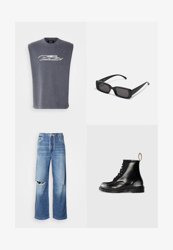 Tmavě fialová pletená vesta s texturovaným vzorem, véčkovým výstřihem a pěti hnědými knoflíky vpředu. Hladké okraje na spodním lemu a průramkách.; Šedé tílko bez rukávů vyrobené z měkké tkaniny, s kulatým výstřihem a potiskem "CITY SUMMER Paradise" v bílé barvě.; Světle modré džíny s volným střihem, vybavené bílým stahovacím pasem a výraznými roztrženinami na přední straně, které odhalují třepené okraje.; Černé kožené kotníkové boty s lesklým povrchem, osmi oky, černými tkaničkami a poutkem. Vyznačují se texturovanou podrážkou s profilováním.; Černé obdélníkové sluneční brýle s tmavými skly, lesklým povrchem, širokými ramínky a robustním designem rámu. Vytlačený název značky na jednom ramínku.