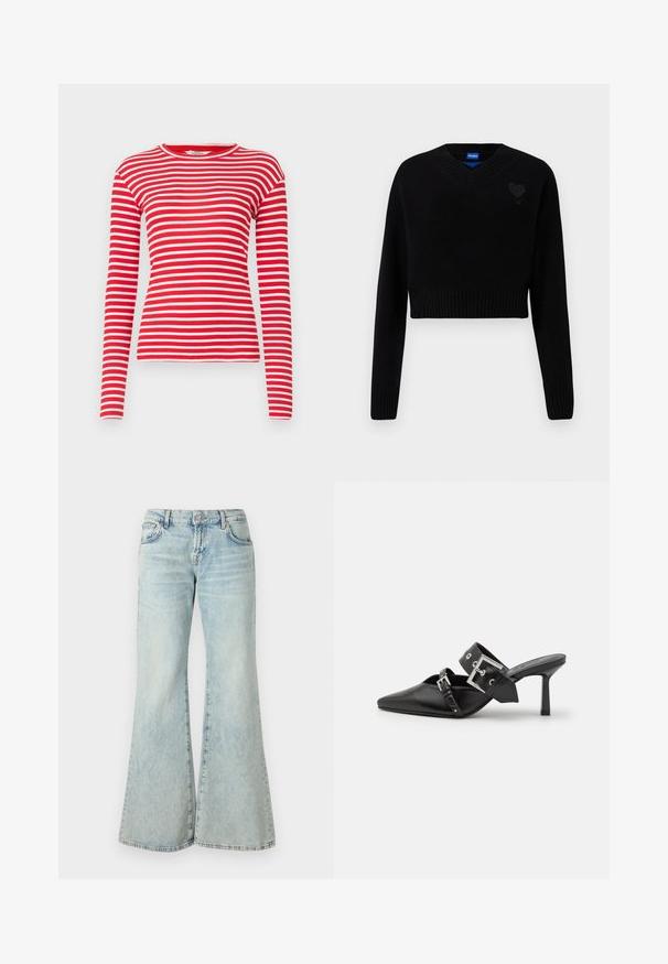 Svart kortermet genser med V-hals, ribbestrikket kant og lange ermer. Har et lite teksturert hjerte detaljer på brystet. Laget av mykt materiale.; Rød- og hvitstripete langermet skjorte laget av ribbestrikket stoff, med rund hals og tettsittende design. Mønsteret har horisontale striper.; Lyseblå flared jeans laget av denim, med høy midje, lommer og frynsete hem. Stoffet har en falmet vask og subtil tekstur.; Svarte høye hælsandaler med spiss tå, laget av glatt lær. Har et bredt ankelbelte med firkantet sølvspenne og nagler.