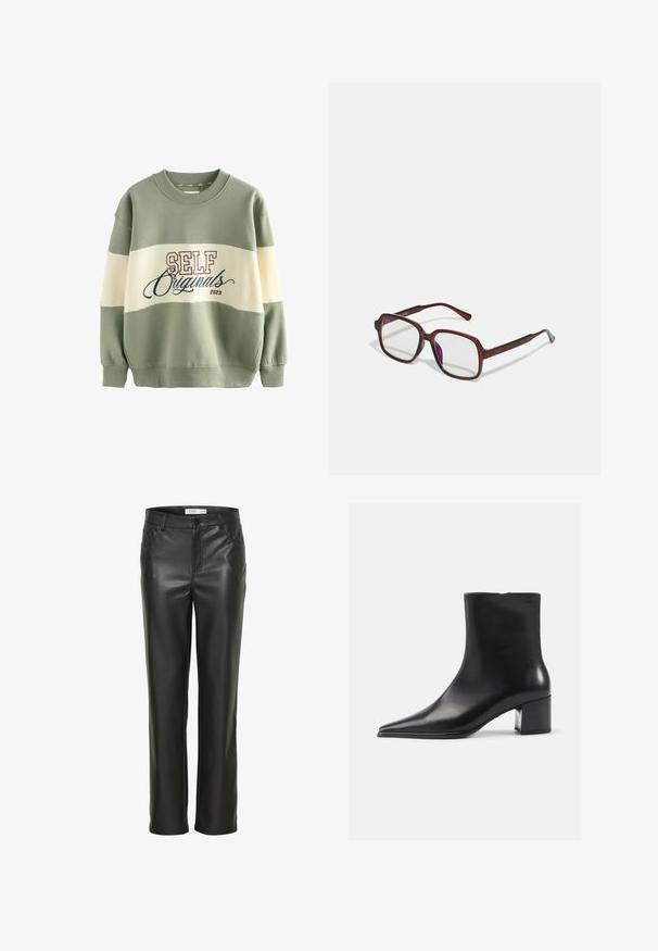 Grøn og creme farvet pullover sweatshirt med rund halsudskæring, ribbede manchetter, og teksten 'SELF Originals 2023' i burgunderrød og blå.; Sorte læderbukser med et lige ben-design, der har forlommer og knaplukning. Glat tekstur med et strømlinet udseende.; Sort læder ankelstøvle med spidse tæer, glat tekstur og mellemhøj blokhæl. Minimalistisk design, lynlås lukning bagpå.; Brune, rektangulære briller med gennemsigtige linser og lilla nuancer. Glat plastisk stel med lige tempelstænger og diskrete detaljer.