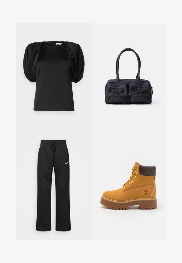 Czarna bluza z kapturem, wykonana z miękkiego materiału, z białym nadrukiem tekstu i wzorów, z akcentami na rękawach.; Czarny krótki top z krótkim rękawem i bufkami, wykonany z gładkiego materiału, z okrągłym dekoltem i zapięciem na suwak z tyłu.; Czarne dresy wykonane z mieszanki bawełny, z elastycznym pasem ze sznurkiem, prostymi nogawkami i białym logo Nike po lewej stronie.; Karmelowy wodoodporny but za kostkę z solidną gumową podeszwą, okrągłym noskiem, brązowym skórzanym kołnierzem, żółtymi sznurówkami i logo po boku.; Czarna torba z materiału z dwoma przednimi kieszeniami z detalami w kształcie kokardek, podwójnymi uchwytami i zapięciem na zamek. Miękka struktura i prostokątny kształt.