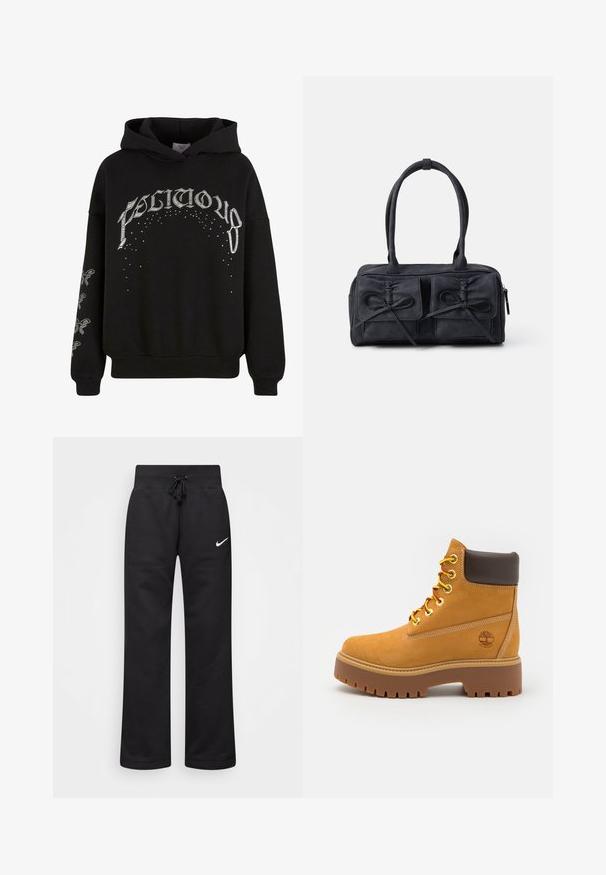 Sudadera con capucha negra hecha de tela suave, con texto impreso en blanco y patrones, y detalles de acento en las mangas.; Pantalones de chándal negros hechos de una mezcla de algodón, con una cintura elástica ajustable, piernas rectas y un logo blanco de Nike en el lado izquierdo.; Botín impermeable color marrón claro con una suela de goma robusta, punta redonda, cuello de cuero marrón, cordones amarillos y un logo en el lateral.; Bolso de tela negra con dos bolsillos frontales que presentan detalles de lazo, asas dobles y cierre de cremallera. Textura suave y forma rectangular.