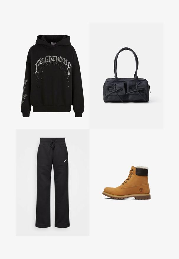 Czarna bluza z kapturem, wykonana z miękkiego materiału, z białym nadrukiem tekstu i wzorów, z akcentami na rękawach.; Czarne dresy wykonane z mieszanki bawełny, z elastycznym pasem ze sznurkiem, prostymi nogawkami i białym logo Nike po lewej stronie.; Brązowe skórzane botki za kostkę z wyściółką w kolorze brązowym, metalowymi oczkami i teksturowaną, wytrzymałą podeszwą. Posiadają logo w okolicy pięty.; Czarna torba z materiału z dwoma przednimi kieszeniami z detalami w kształcie kokardek, podwójnymi uchwytami i zapięciem na zamek. Miękka struktura i prostokątny kształt.