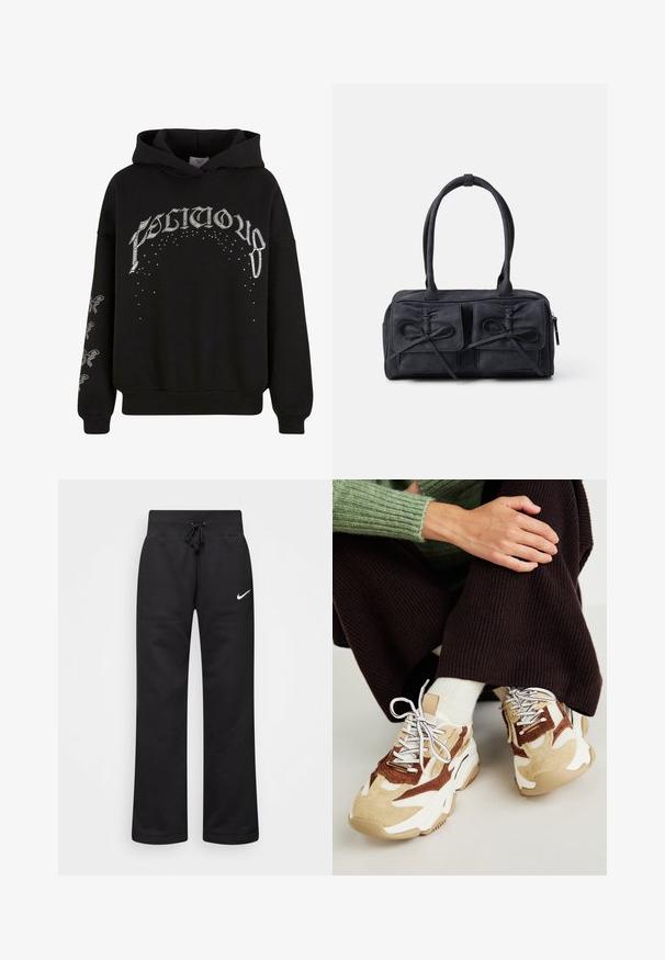 Černá mikina s kapucí vyrobená z měkkého materiálu, s bílým potiskem textu a vzorů, a zdobným detailem na rukávech.; Černé tepláky vyrobené z bavlněné směsi, s elastickým páskem na šňůrku, rovnými nohavicemi a bílým logem Nike na levé straně.; Steve Madden POSSESSIONE - Tenisky - brown/sand; Černá látková kabelka se dvěma předními kapsami s detaily mašle, dvojitými uchy a zipovým uzávěrem. Měkká textura a obdélníkový tvar.; Zlaté kruhové náušnice s hladkým, lesklým povrchem. Kruhový design s malým kolíčkem a průhledným záznamem pro bezpečné nošení.