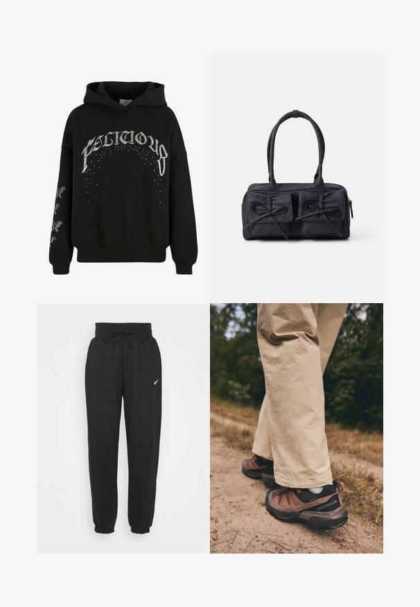Černá mikina s kapucí vyrobená z měkkého materiálu, s bílým potiskem textu a vzorů, a zdobným detailem na rukávech.; Černé joggingové kalhoty vyrobené z měkké bavlněné směsi, s elastickým pasem na šňůrku a elastickými manžetami. Logo Nike na levém stehně.; Salomon X ULTRA 360 LTR GORE TEX - Trekingové boty - cognac/peppercorn/black; Černá látková kabelka se dvěma předními kapsami s detaily mašle, dvojitými uchy a zipovým uzávěrem. Měkká textura a obdélníkový tvar.