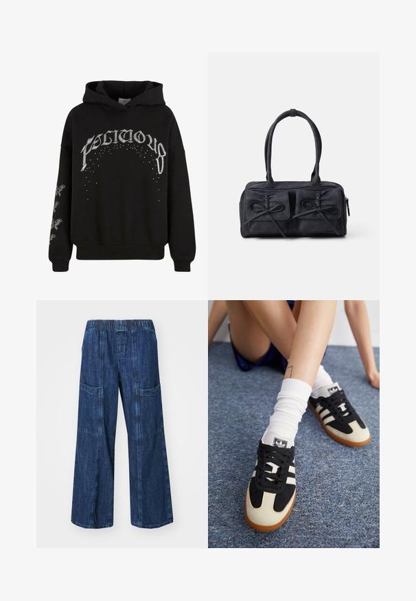 Sudadera con capucha negra hecha de tela suave, con texto impreso en blanco y patrones, y detalles de acento en las mangas.; GAP UTILITY EASY MALA - Pernera ancha - dark indigo; Zapatillas deportivas en blanco y negro con parte superior de ante y cuero, que presentan tres rayas blancas y una suela de goma. Par usado con calcetines blancos.; Bolso de tela negra con dos bolsillos frontales que presentan detalles de lazo, asas dobles y cierre de cremallera. Textura suave y forma rectangular.