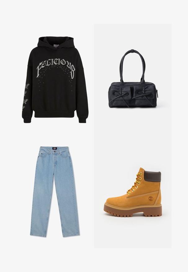 Sudadera con capucha negra hecha de tela suave, con texto impreso en blanco y patrones, y detalles de acento en las mangas.; Vaqueros de mezclilla azul claro con corte recto, cinco bolsillos, cierre de botón y ligeras arrugas en la parte frontal.; Botín impermeable color marrón claro con una suela de goma robusta, punta redonda, cuello de cuero marrón, cordones amarillos y un logo en el lateral.; Bolso de tela negra con dos bolsillos frontales que presentan detalles de lazo, asas dobles y cierre de cremallera. Textura suave y forma rectangular.