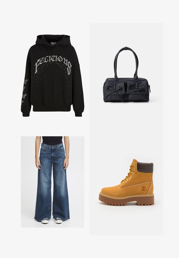 Črna kapuča z mehkim materialom, z belim tiskanjem besedila in vzorcev, ter dodatnimi detajli na rokavih.; Široke modre kavbojke iz denima z zbledelim kombinezon. Imajo klasičen pet-pocket dizajn, gumb z zapiranjem in sproščen kroj v pasu in bokih.; Vodoodporna ankel čizma v bež barvi z trdnim gumijastim podplatom, okroglo konico, rjavim usnjeni ovratnikom, rumenimi vezalkami in logotipom na strani.; Črna tkaninska torba z dvema sprednjima žepoma, ki imata podrobnosti pentlje, dvojni ročaj in zadrgo. Mehka tekstura in pravokotna oblika.