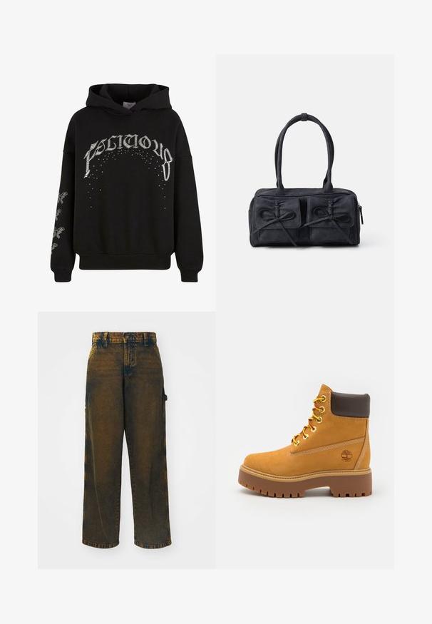 Crna dukserica s kapuljačom, napravljena od mekog materijala, s bijelim otisnutim tekstom i uzorcima, sa naglašenim detaljima na rukavima.; Široke traperice od denima, u izblijedjeloj tamno smeđoj boji s svjetlijim naglascima, klasičnog pet-džepnog dizajna i dugmetom za zatvaranje.; Smešati vodootpornu gležnjaču smeđe boje s čvrstim gumenim đonom, okruglim vrhom, smešanim kožnim ovratnikom, žutim vezicama i logotipom sa strane.; Crna platnena torba sa dva prednja džepa s detaljima mašne, dvostrukim drškama i zatvaranjem na munju. Mekana tekstura i pravokutni oblik.