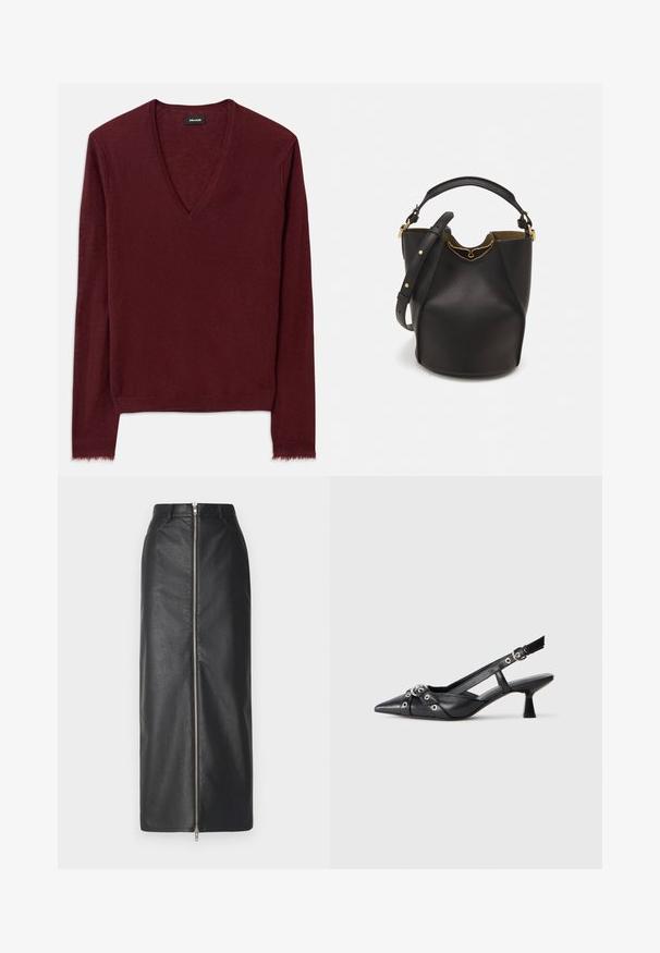 Burgunderfarbener V-Ausschnitt-Pullover aus weichem, strukturiertem Material. Hat lange Ärmel und einen leicht ausgefransten Saum. Einfaches Design, ohne sichtbare Muster.; Schwarzer Leder-Midi-Rock mit einem Reißverschluss vorn, zwei Seitentaschen und gerader Silhouette. Glatte Textur mit feiner Maserung.; Schwarzer Leder-Slingback-Schuh mit spitz zulaufender Zehenpartie, dekorativen Riemen mit METALLÖSEN und niedrigem Blockabsatz. Strukturelle Oberfläche.; Schwarze Leder-Eimerhandtasche mit strukturierter Oberfläche, goldenen Hardware-Akzenten und offenem Design. Verfügt über einen kurzen Griff und einen verstellbaren Schultergurt.