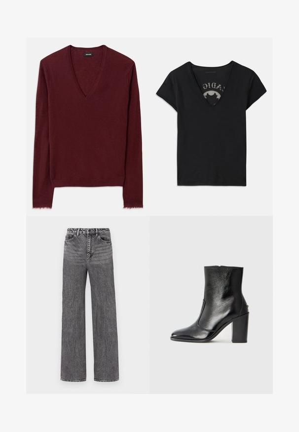 Suéter burdeos con cuello en V, hecho de una tela suave y texturada. Presenta mangas largas y un dobladillo ligeramente deshilachado. Diseño sencillo, sin patrones visibles.; Camisa de tirantes corta negra con un escote en V profundo, que presenta un panel de malla y un diseño impreso en la capa interior. Tela suave y transpirable.; Jeans de pierna ancha de cintura alta en denim negro deslavado. Presenta cinco bolsillos y cierre de botón. Tela texturizada con detalles de costura.; Botín negro de cuero con textura suave, puntera puntiaguda y un tacón alto y robusto. Presenta una apertura lateral y un diseño minimalista.