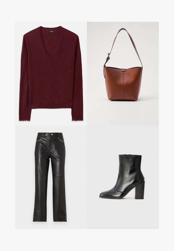 Burgundský sveter s výstrihom do V z mäkkého, texturovaného materiálu. Vlastnosti zahŕňajú dlhé rukávy a mierne rozstrapkaný lem. Jednoduchý dizajn, bez viditeľných vzorov.; Čierne kožené nohavice so strihaním priamo na nohy, so metalickými cvočkami na vreckách a bočných švoch pre dodatočný detail.; Čierna kožená kotníková obuv s hladkým povrchom, špicatou špičkou a masívnym vysokým podpätkom. Zdobená bočným otvorom a minimalistickým dizajnom.; Hnedá kožená taška cez rameno s zakriveným tvarom, hladkou textúrou a jedným tenkým popruhom. Obsahuje jemný šev a malý logo detail.
