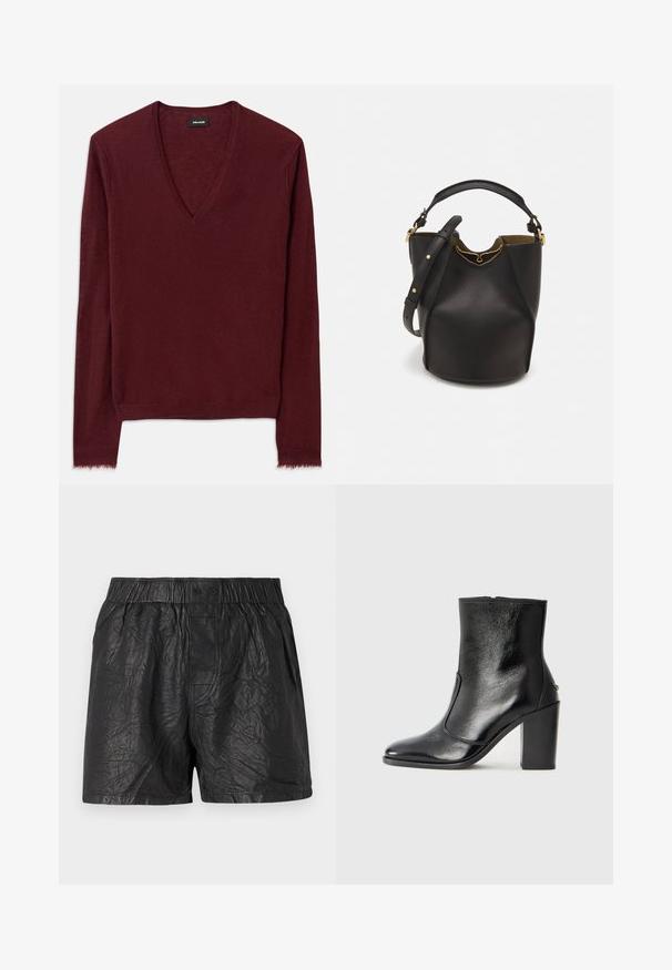 Bordó V nyakú pulóver puha, texturált anyagból. Hosszú ujjakkal és enyhén rojtos szegéllyel rendelkezik. Egyszerű dizájn, nem látható mintákkal.; Ráncos anyagból készült fekete rövidnadrág, elasztikus derékkal és két gombbal, térd hosszúságú szabás, sima textúrával.; Fekete bőr bokacipő sima textúrával, hegyes orral és vastag, magas sarkával. Oldalnyílással és minimalista dizájnnal rendelkezik.; Fekete bőr vödör táska texturált felülettel, arany hardware részletekkel és nyitott tetejével. Rövid fogantyúval és állítható vállpánttal rendelkezik.