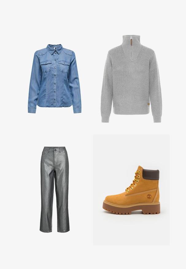 Šviesiai pilka megzta palaidinė su aukštu raštuotu apykakliu, turinti priekinį užtrauktuką ir ilgomis rankovėmis su raštuotais rankogaliais.; Šviesiai mėlyna džinsinė marškinė, turinti apykaklę, ilgomis rankovėmis, dviem krūtinėmis kišenėmis ir sidabriniais užtrauktukais priekyje. Sklandus tekstūra.; Metallic sidabrinės kelnės su aukštu liemeniu, tiesaus kirpimo ir priekinėmis kišenėmis. Pagamintos iš lygaus, blizgaus audinio.; Kavos spalvos vandeniui atsparūs auliniai batai su tvirtu gumuotu padu, apvalia nosimi, rudos odos apykakle, geltonomis raištelėmis ir logotipu šone.