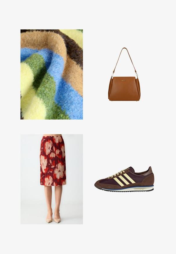 Couverture multicolore avec une texture épaisse et douce, ornée de rayures vertes, bleues, beiges, brunes et jaunes. Matériau confortable et moelleux.; Jupe plissée avec de vives fleurs aux motifs rouges, blancs et beiges. Taille élastique, longueur genou et texture de tissu lisse.; Baskets marron et bordeaux avec des matériaux en daim et en maille, présentant trois rayures crème, un tissu texturé sur la languette et une semelle en caoutchouc.; Sac à main en cuir marron avec une surface texturée, une seule sangle pour l'épaule et un logo subtil à l'avant. Dispose d'un design structuré.