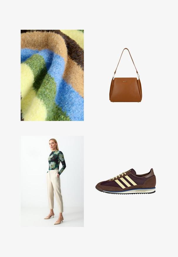 Multicolorede deken met een dikke, zachte textuur en strepen in groen, blauw, beige, bruin en geel. Gezellig en pluche materiaal.; Langemouw T-shirt met een bloemmotief in groen en zwart, gecombineerd met crèmekleurige tapered broek en huidskleurige hakken met een stiletto-ontwerp.; Bruine en bordeauxkleurige sneaker van suede en mesh materiaal, met drie crèmekleurige strepen, een gemêleerd stof op de tong en een rubberen zool.; Bruine leren handtas met een gestructureerd oppervlak, een enkele schouderriem en een subtiele logo aan de voorkant. Heeft een gestructureerd ontwerp.