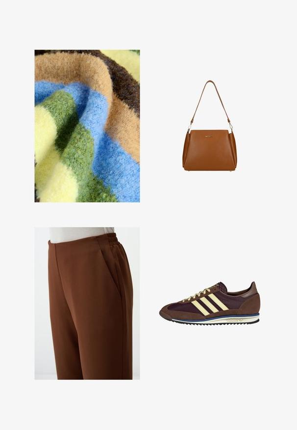 Bunt gestreifte Decke mit dicker, weicher Textur in Grün, Blau, Beige, Braun und Gelb. Gemütliches und plüschiges Material.; Braune hochtaillierte Hosen mit glatter Textur, seitlichen Taschen und einem elastischen Bund für mehr Komfort.; Braune und burgunderfarbene Sneaker aus Wildleder und Mesh-Materialien, mit drei cremefarbenen Streifen, strukturiertem Stoff an der Zunge und einer Gummisohle.; Braune Ledertasche mit strukturierter Oberfläche, einem einzelnen Schulterriemen und einem dezenten Logo auf der Vorderseite. Verfügt über ein strukturiertes Design.