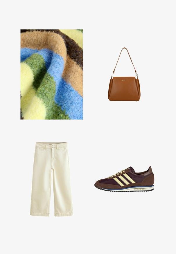 Multicolorede deken met een dikke, zachte textuur en strepen in groen, blauw, beige, bruin en geel. Gezellig en pluche materiaal.; Crème-kleurige cropped pantalons van denim met een licht gestructureerde afwerking. Voorzien van een standaard tailleband met twee knoopsluitingen en vijf zakken.; Bruine en bordeauxkleurige sneaker van suede en mesh materiaal, met drie crèmekleurige strepen, een gemêleerd stof op de tong en een rubberen zool.; Bruine leren handtas met een gestructureerd oppervlak, een enkele schouderriem en een subtiele logo aan de voorkant. Heeft een gestructureerd ontwerp.